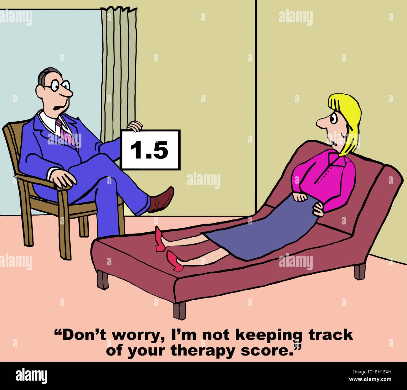 Cartoon del terapista dicendo al paziente, non preoccupatevi, non sto tenendo traccia del vostro punteggio di terapia', quando egli è tenere traccia. Illustrazione Vettoriale