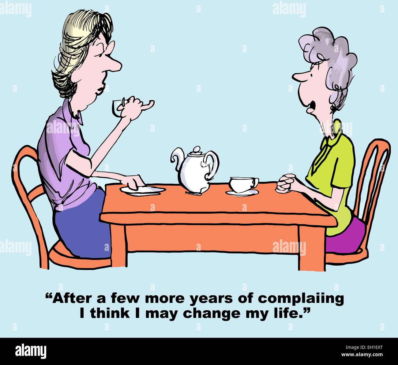 Cartoon di conversazione tra due donne, uno dice "Dopo un paio di anni di lamentarsi, penso che potrebbe cambiare la mia vita". Illustrazione Vettoriale