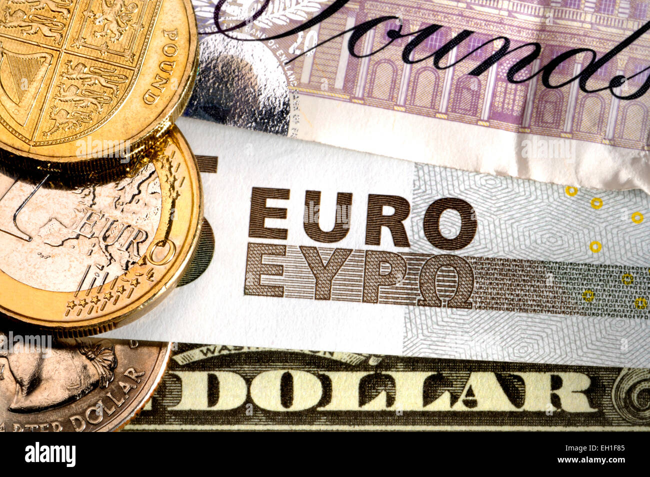 Sterlina, Euro e Dollari Foto Stock