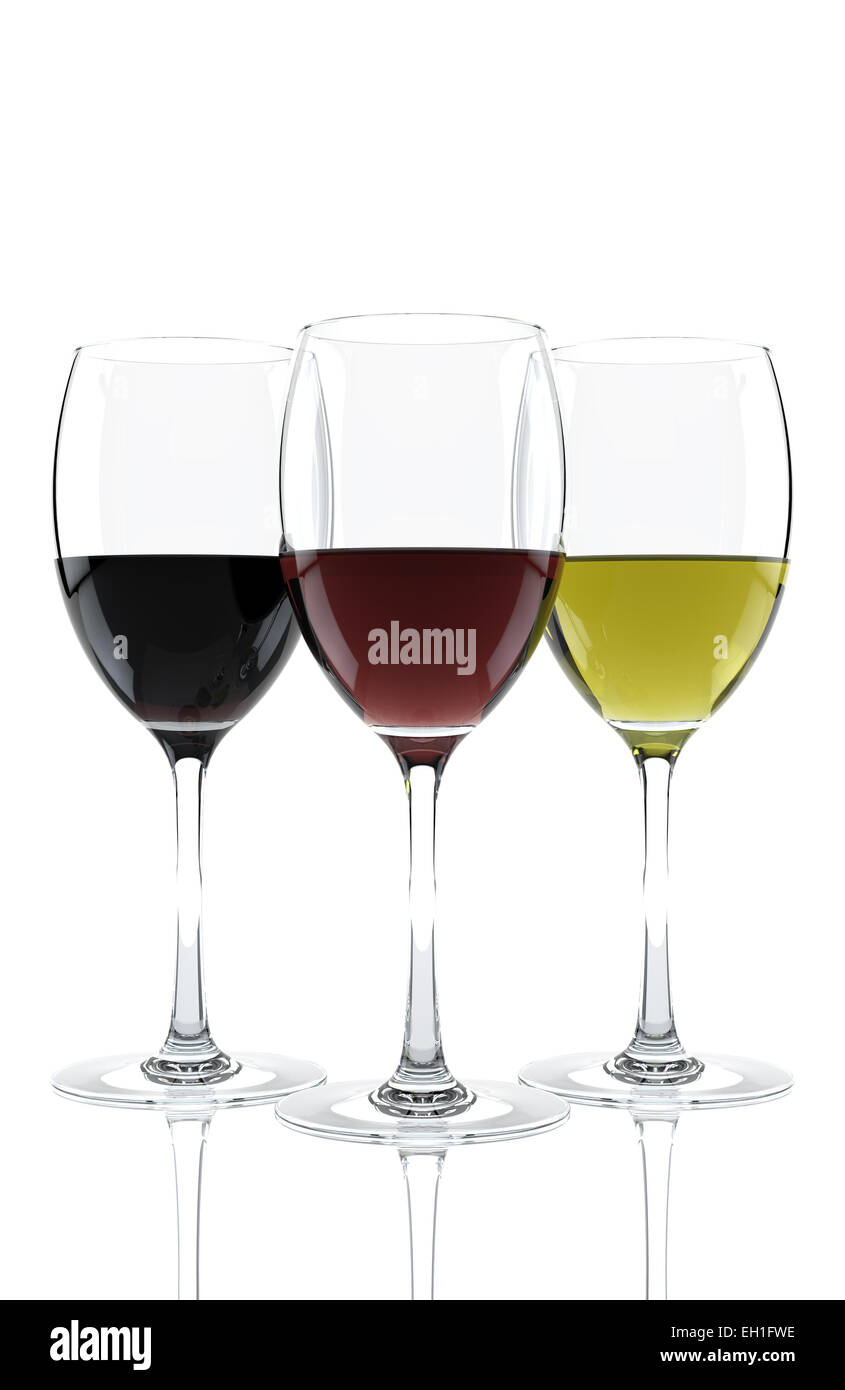 Bicchiere di vino rosso e bianco isolato su uno sfondo bianco. 3D render Foto Stock