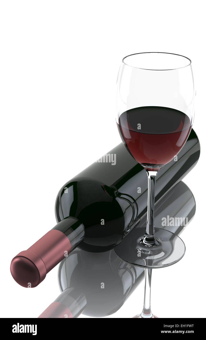 Bicchiere di vino rosso e una bottiglia isolate su sfondo bianco. 3D render Foto Stock