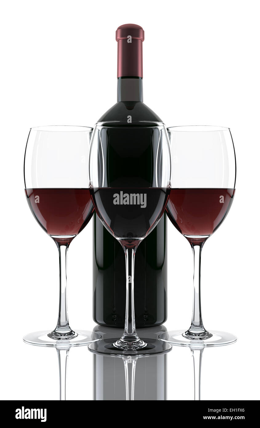 Bicchiere di vino rosso e una bottiglia isolate su sfondo bianco. 3D render Foto Stock
