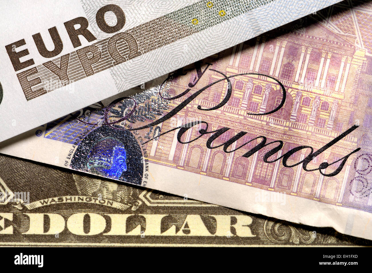 Sterlina, Euro e Dollari Foto Stock
