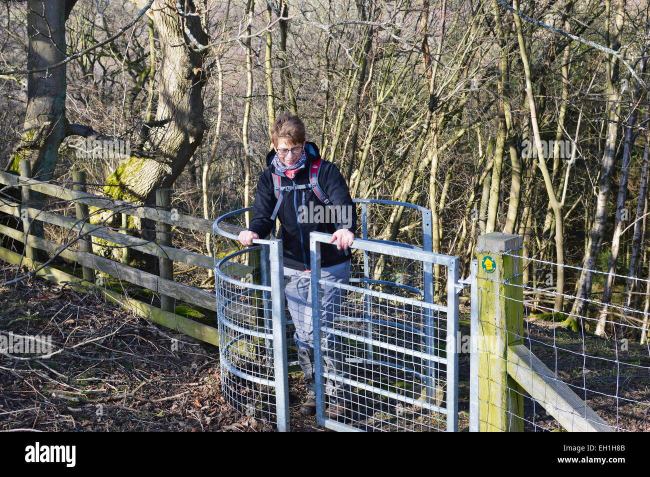 La donna a piedi attraverso un metallo kissing cancello vicino Horsleyhope, Durham. Foto Stock