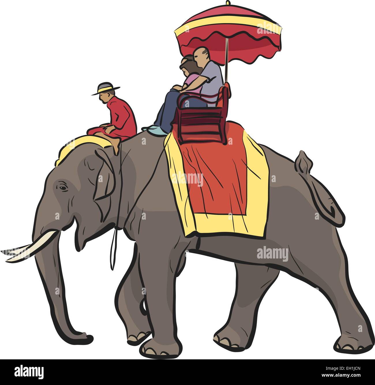 Modificabile illustrazione vettoriale di turisti a cavallo di un elefante asiatico con mahout Illustrazione Vettoriale