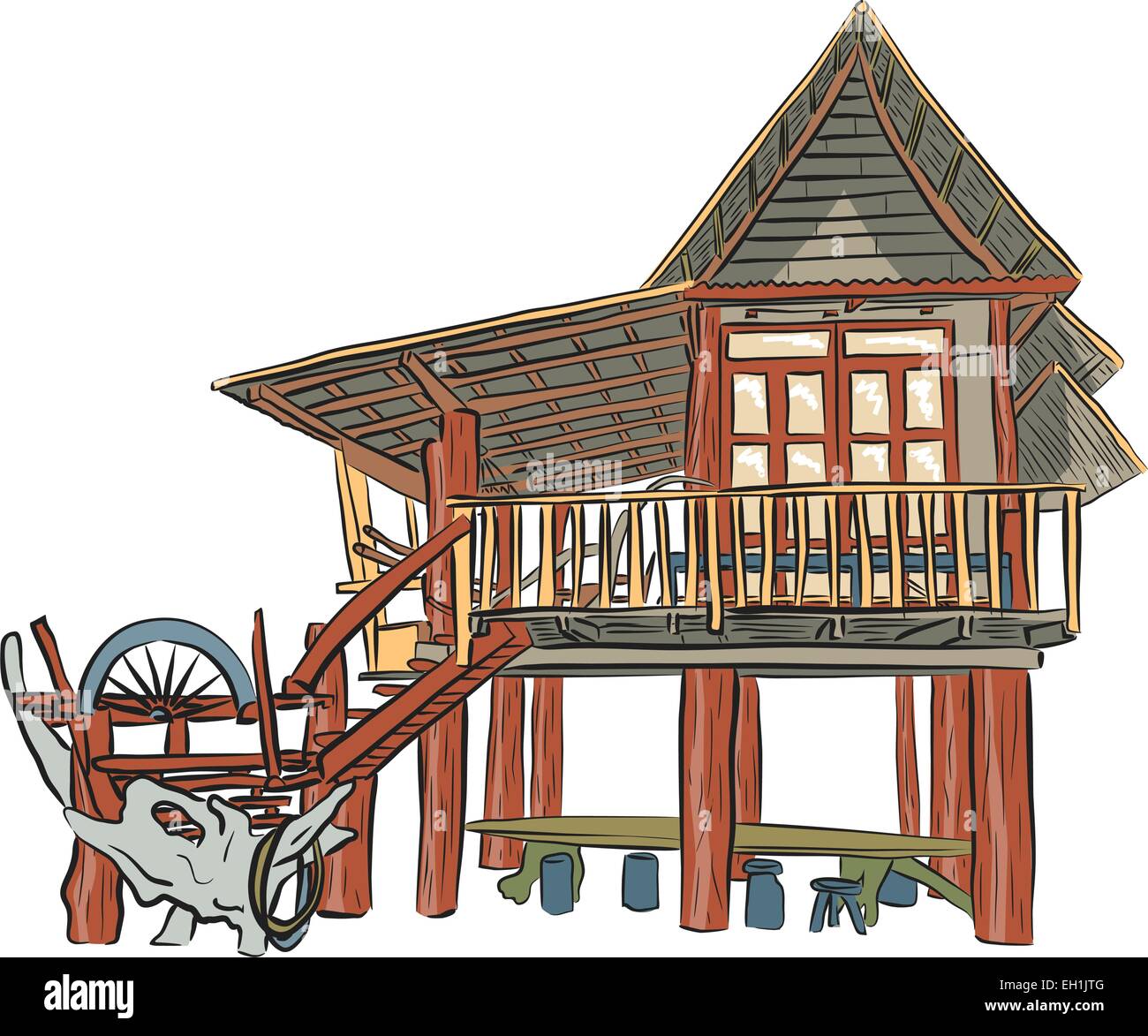 Vettore modificabile schizzo di un rustico edificio in legno Illustrazione Vettoriale