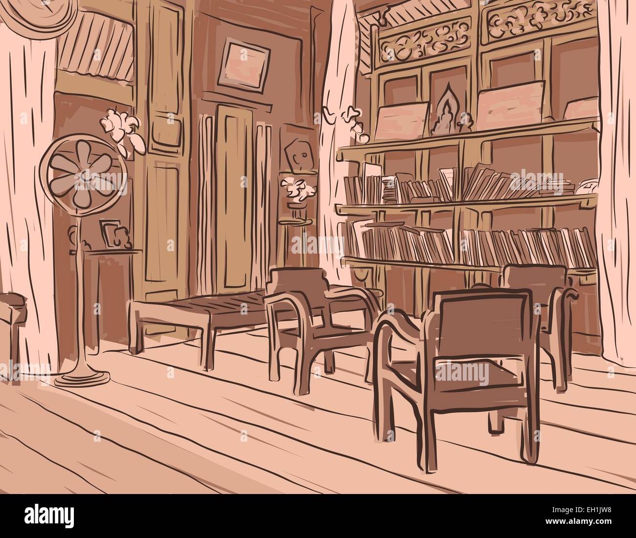Vettoriale modificabile schizzo marrone di un olden sala lettura o salotto con mobili in legno Illustrazione Vettoriale