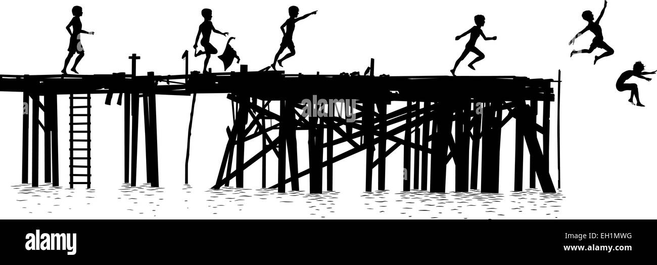 Vettoriale modificabile di silhouette bambini salta fuori da un pontile in legno Illustrazione Vettoriale