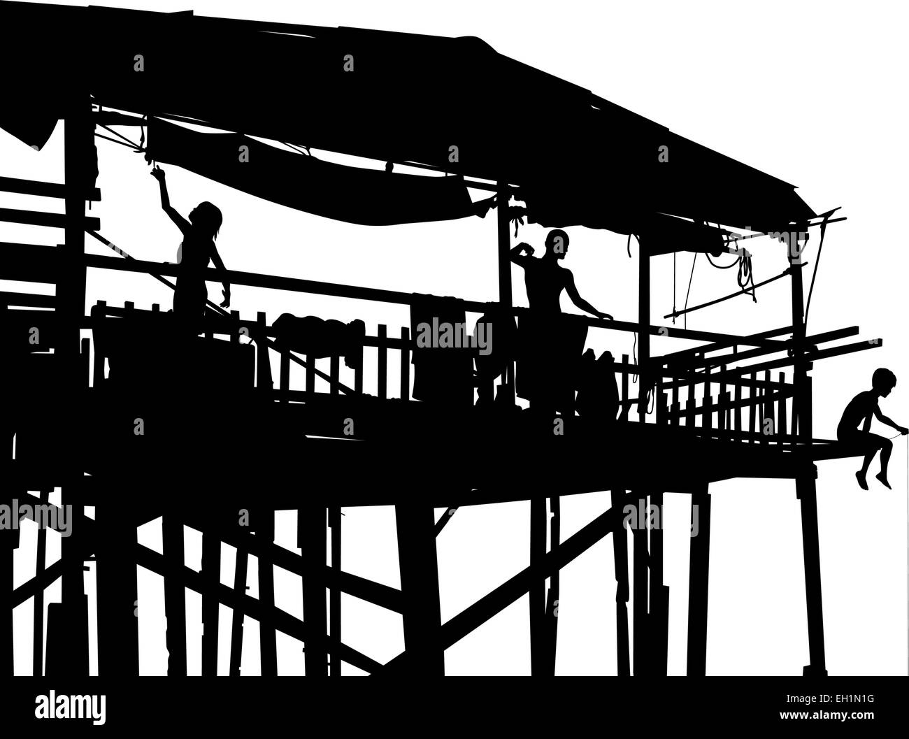 Vettore modificabile silhouette di una famiglia nella loro shack su palafitte con persone come oggetti separati Illustrazione Vettoriale