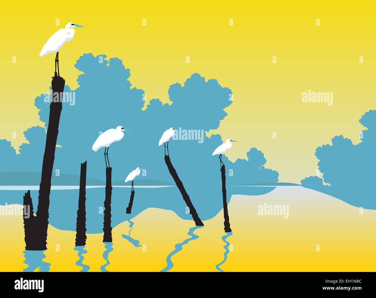 Modificabile illustrazione vettoriale di aironi bianchi appollaiato su pali in un lago Illustrazione Vettoriale