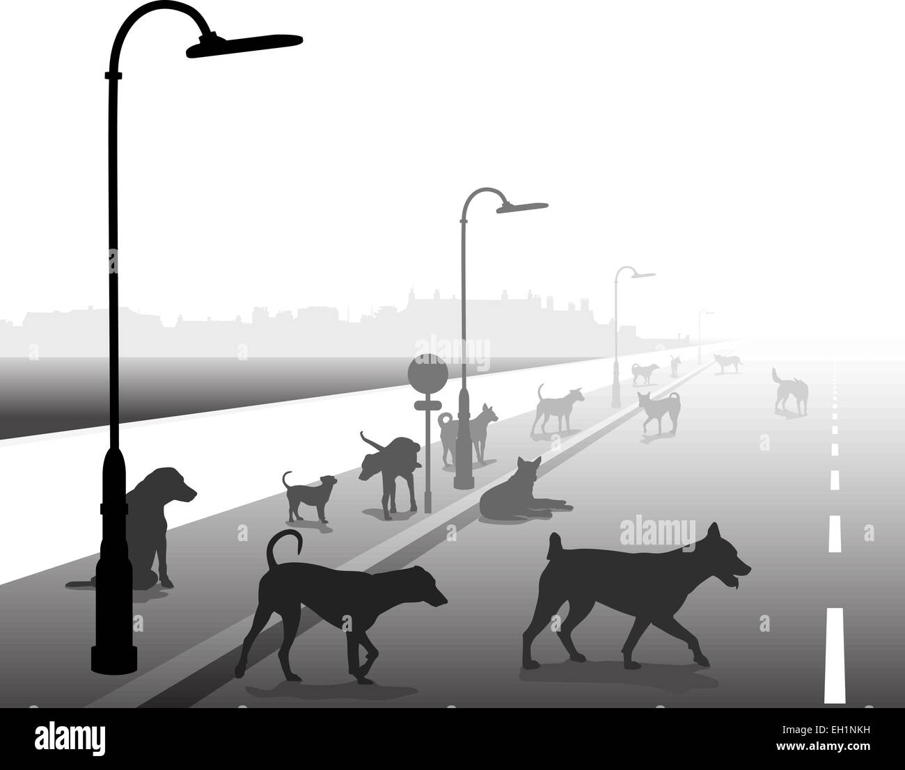 Modificabile illustrazione vettoriale di un variegato gruppo di cani randagi su una strada solitaria Illustrazione Vettoriale