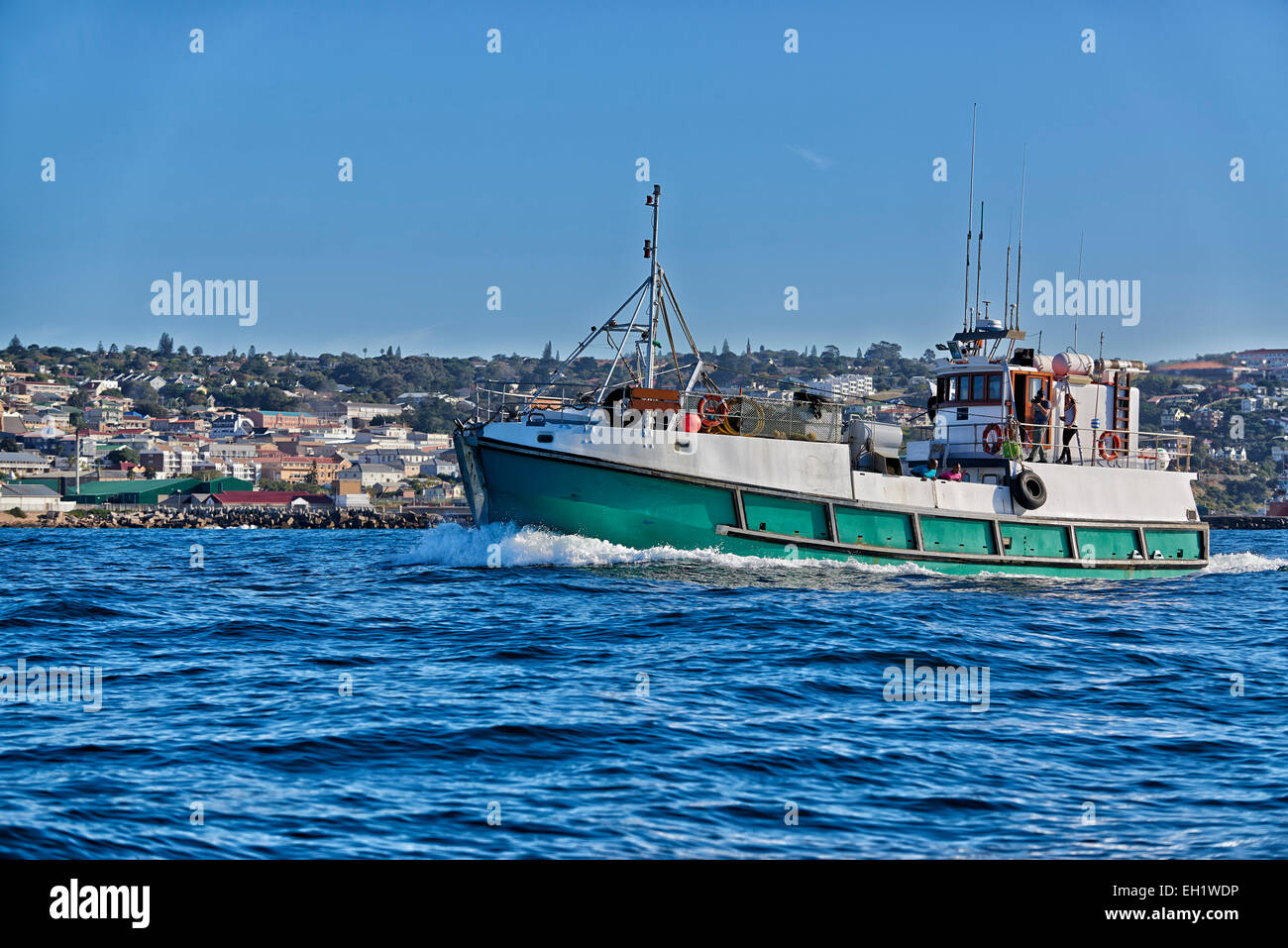 Nave da pesca si esaurisce per andare sulla pesca della sardina, Mossel Bay, Western Cape, Sud Africa Foto Stock