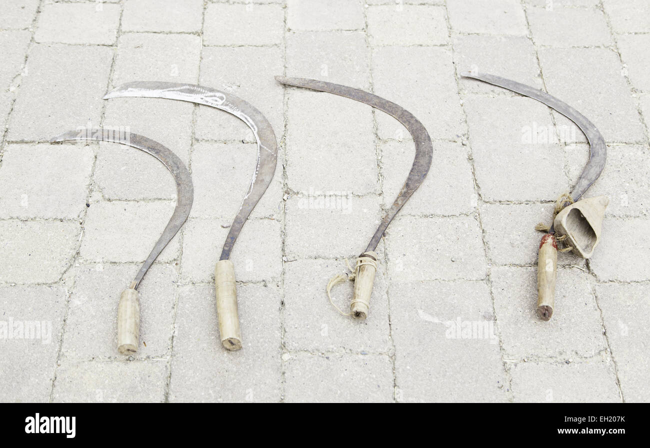 Vecchio arrugginito falci, set di strumenti dettagliati per il raccolto del campo Foto Stock
