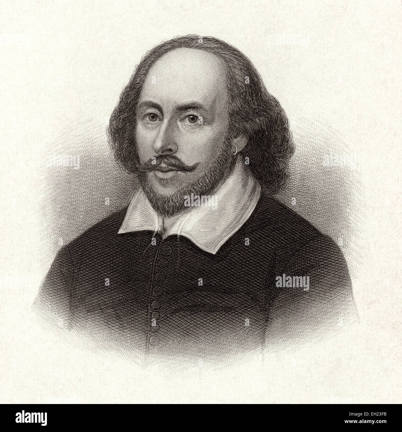 Antique c1885 incisione in acciaio, William Shakespeare. William Shakespeare (26 aprile 1564 (battezzato) - 23 Aprile 1616) fu un poeta inglese, drammaturgo e attore, ampiamente considerato come il più grande scrittore in lingua inglese e il mondo della pre-eminente drammaturgo. Foto Stock