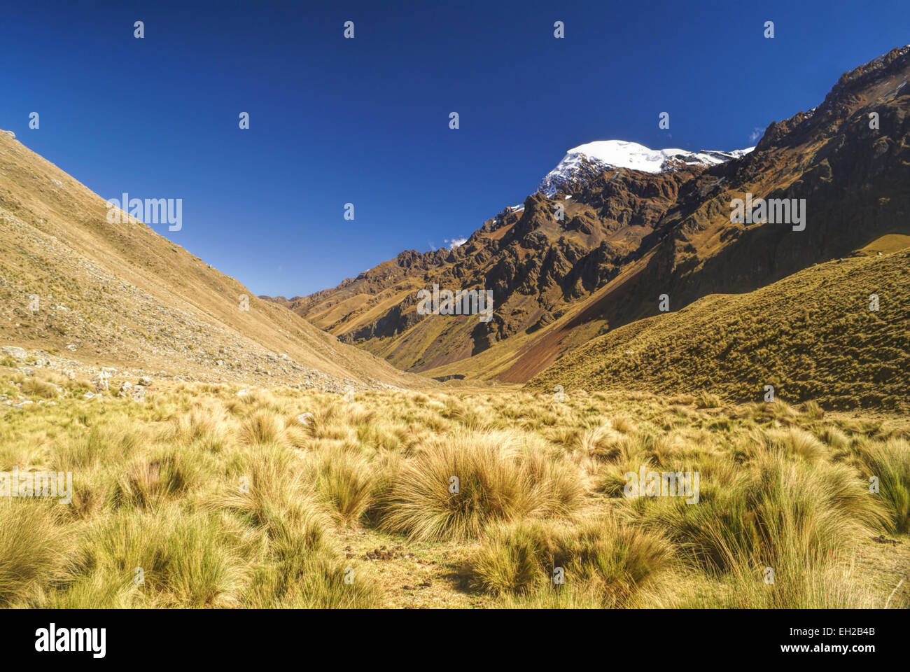 Pittoresca valle tra alti picchi di montagna nelle Ande peruviane Foto Stock