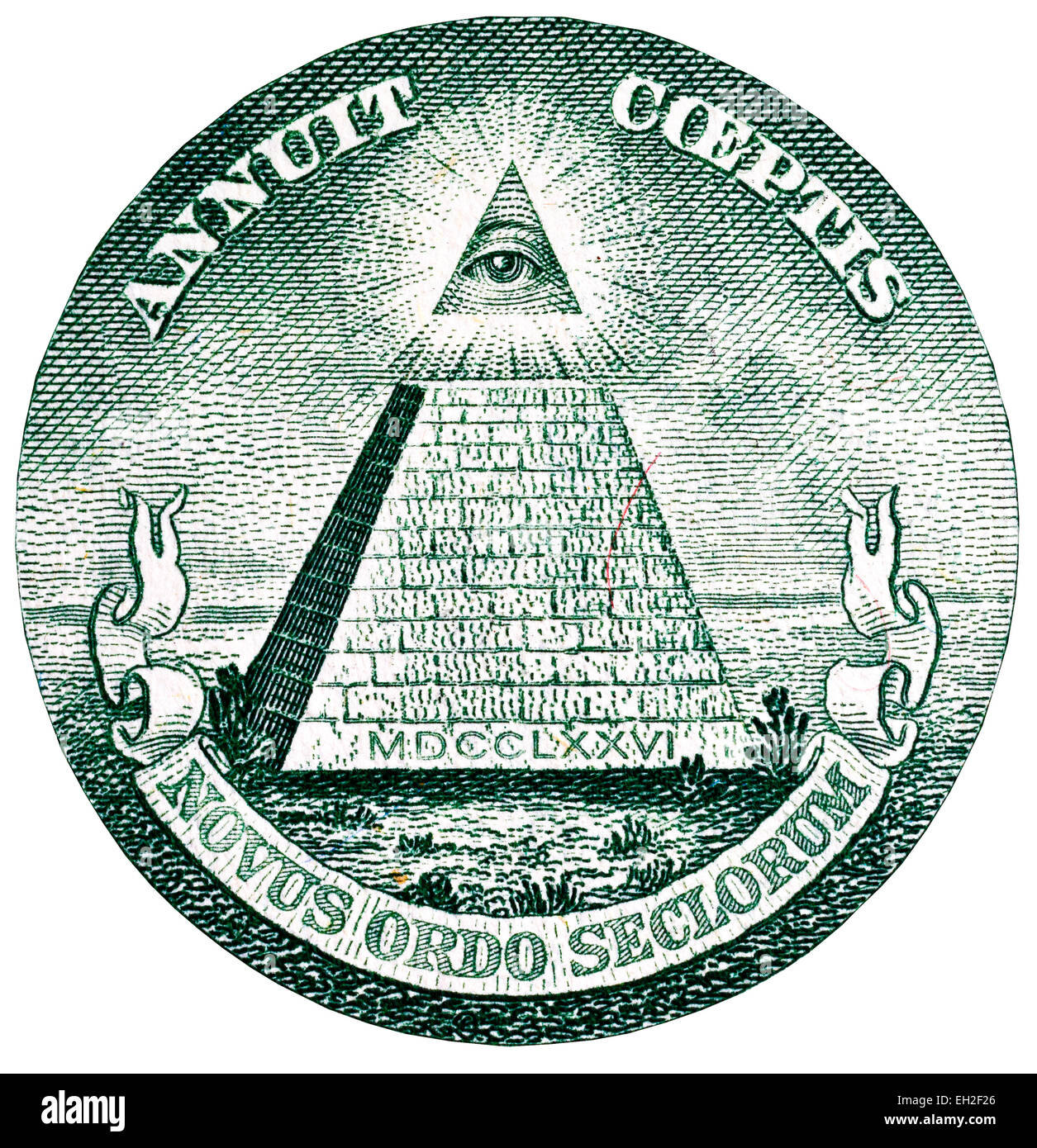 Grande sigillo degli Stati Uniti, tutti-Seeing Eye della provvidenza e la piramide incompiuta da 1 dollaro banconota, USA, 2009 Foto Stock