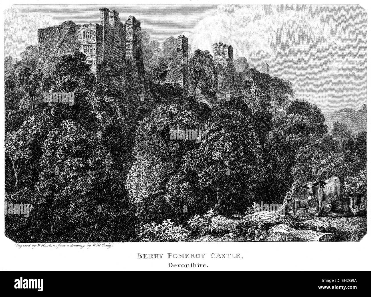 Un'incisione di Berry Pomeroy Castle, Devonshire scansionata ad alta risoluzione da un libro stampato nel 1803. Creduto libero di copyright. Foto Stock