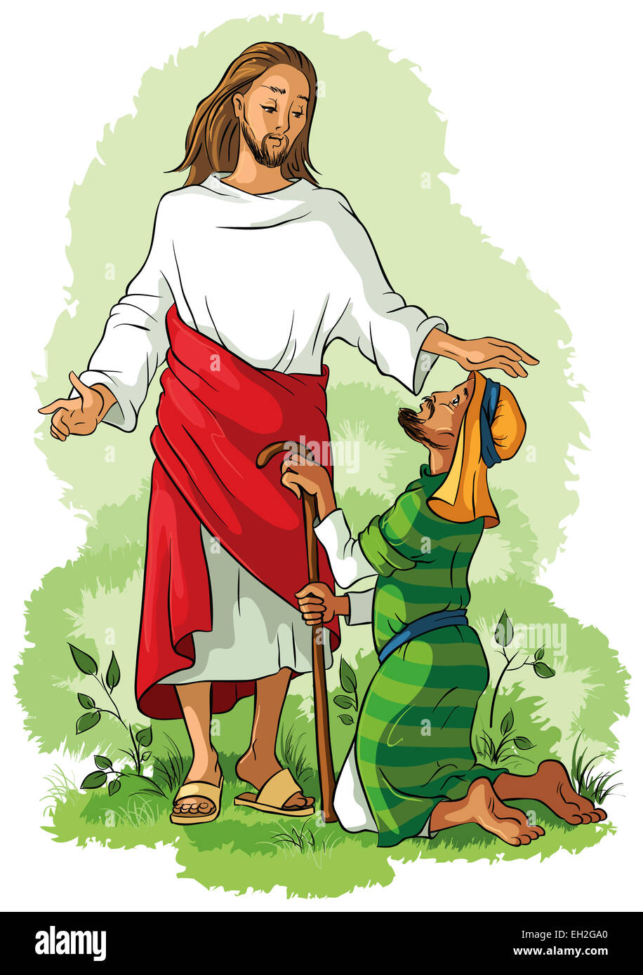 Gesù che guarisce un uomo zoppo. Cartoon cristiana illustrazione colorata di eventi nella vita di Gesù Foto Stock