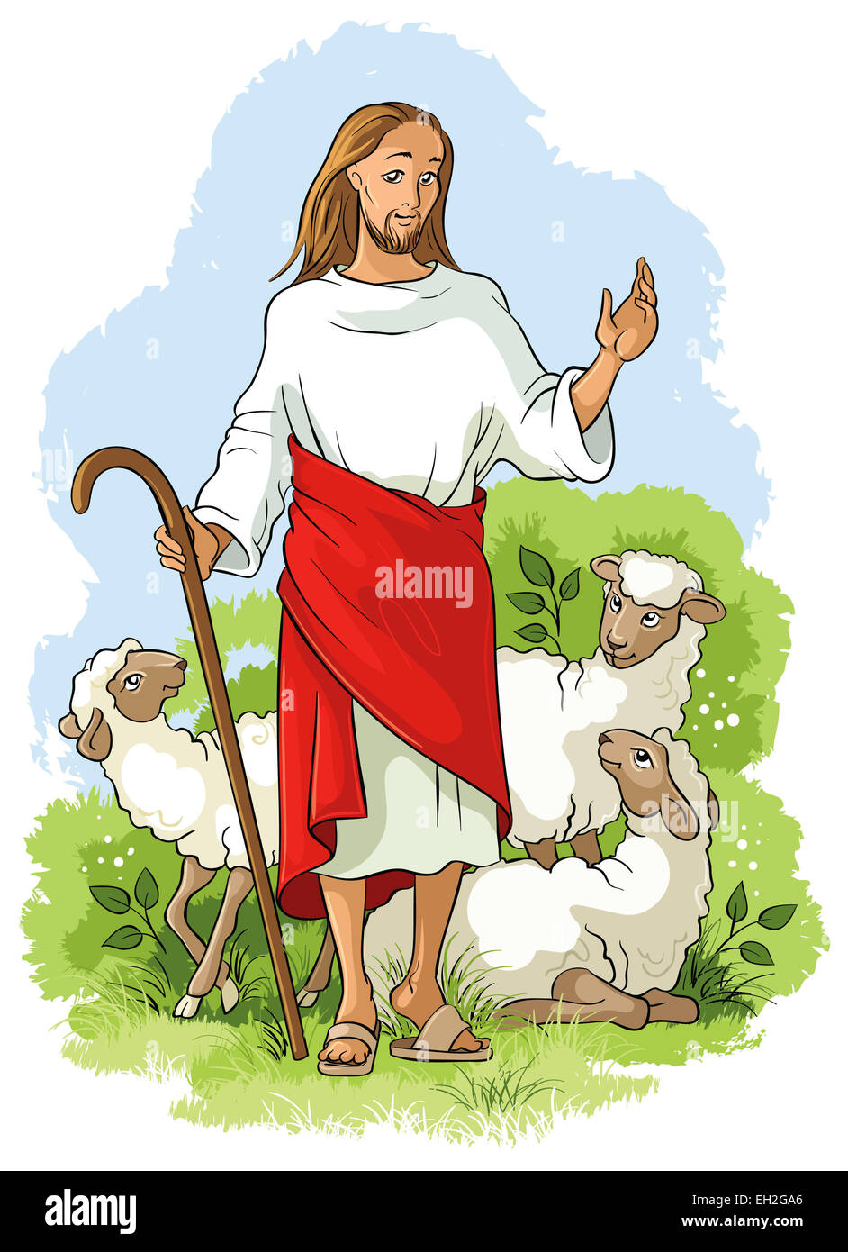 Gesù è il buon pastore. La Pasqua cristiana del fumetto illustrazione colorata di eventi nella vita di Gesù Foto Stock