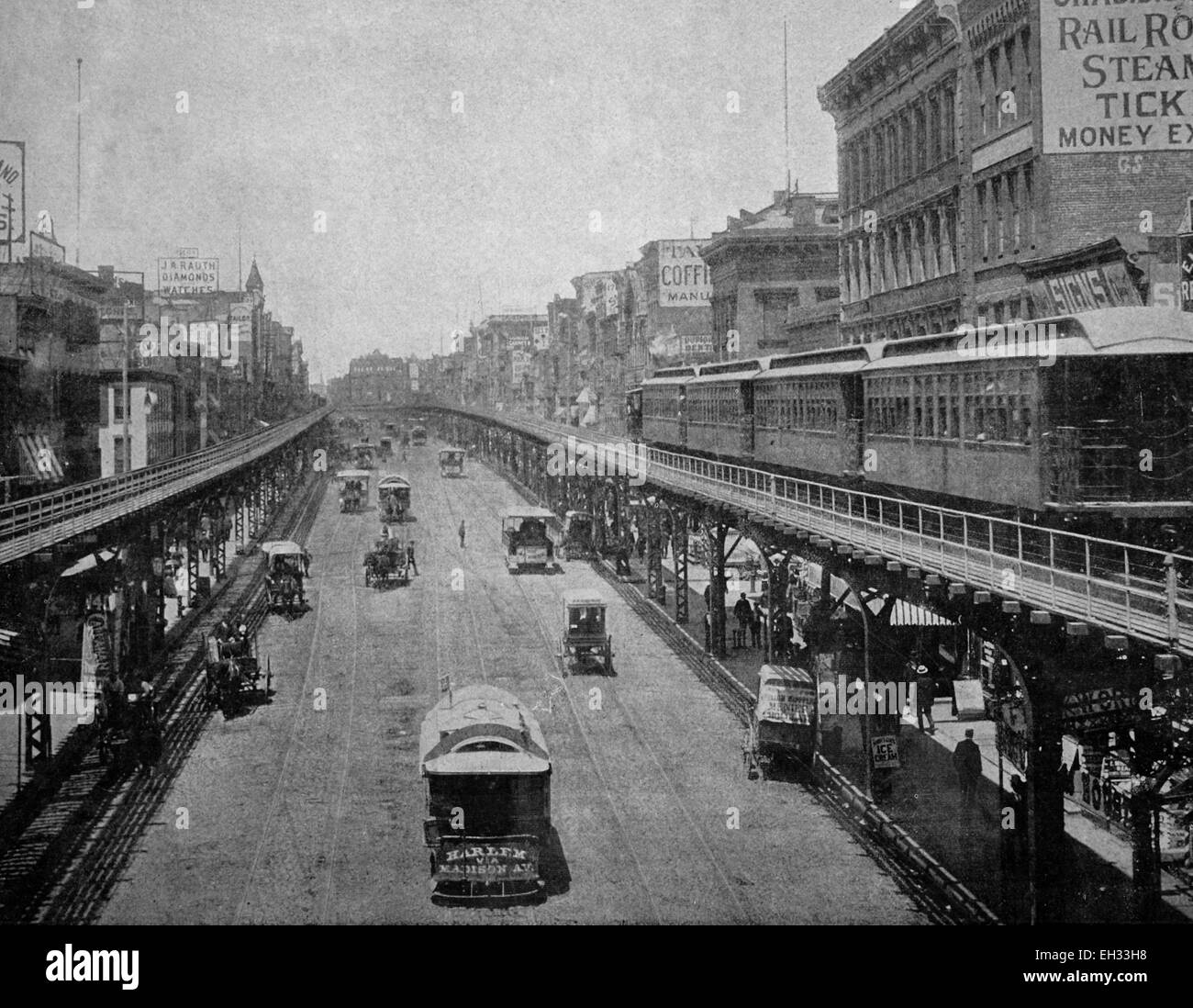 Autotype precoce di Bowery Street, New York, USA, fotografie storiche, 1884 Foto Stock