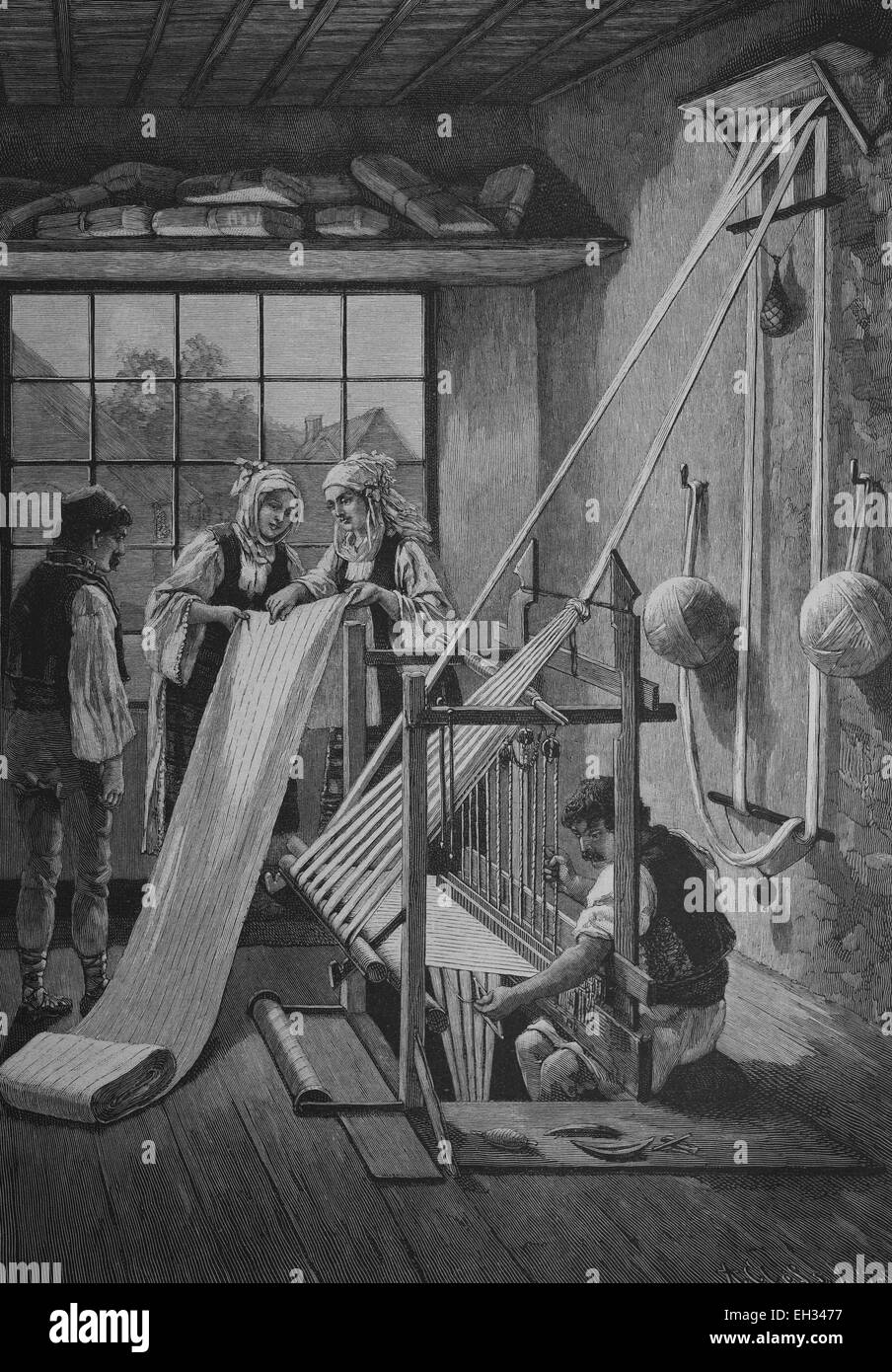 Incisione storica, il telaio per la tessitura del cotone, Serbia, 1888, EUROPA Foto Stock
