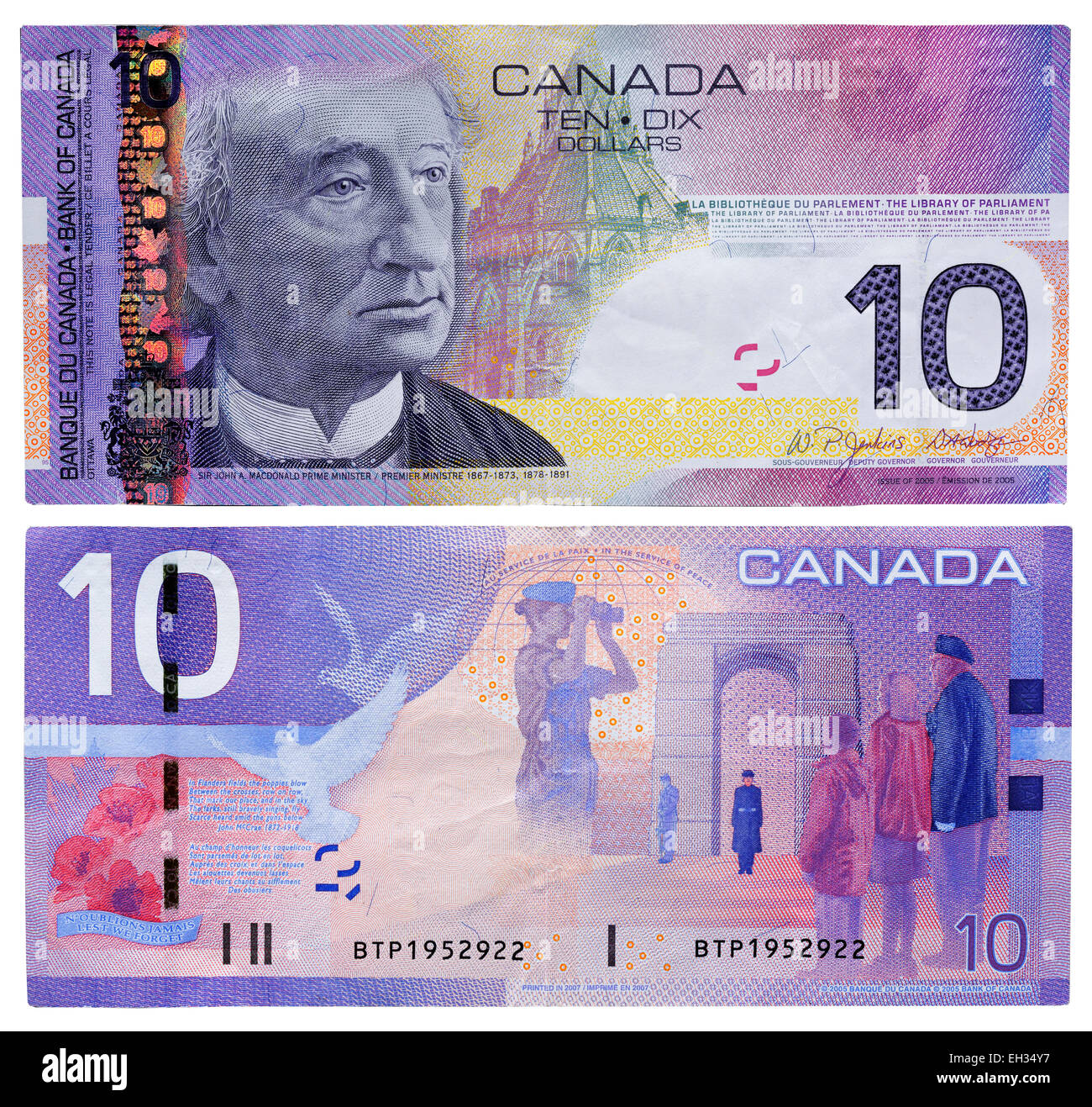 Dieci dollari banconota, Sir John Macdonald, Canada, 2007 Foto Stock