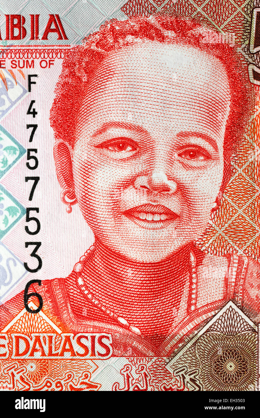 La ragazza da 5 dalasis banconota Gambia Foto Stock