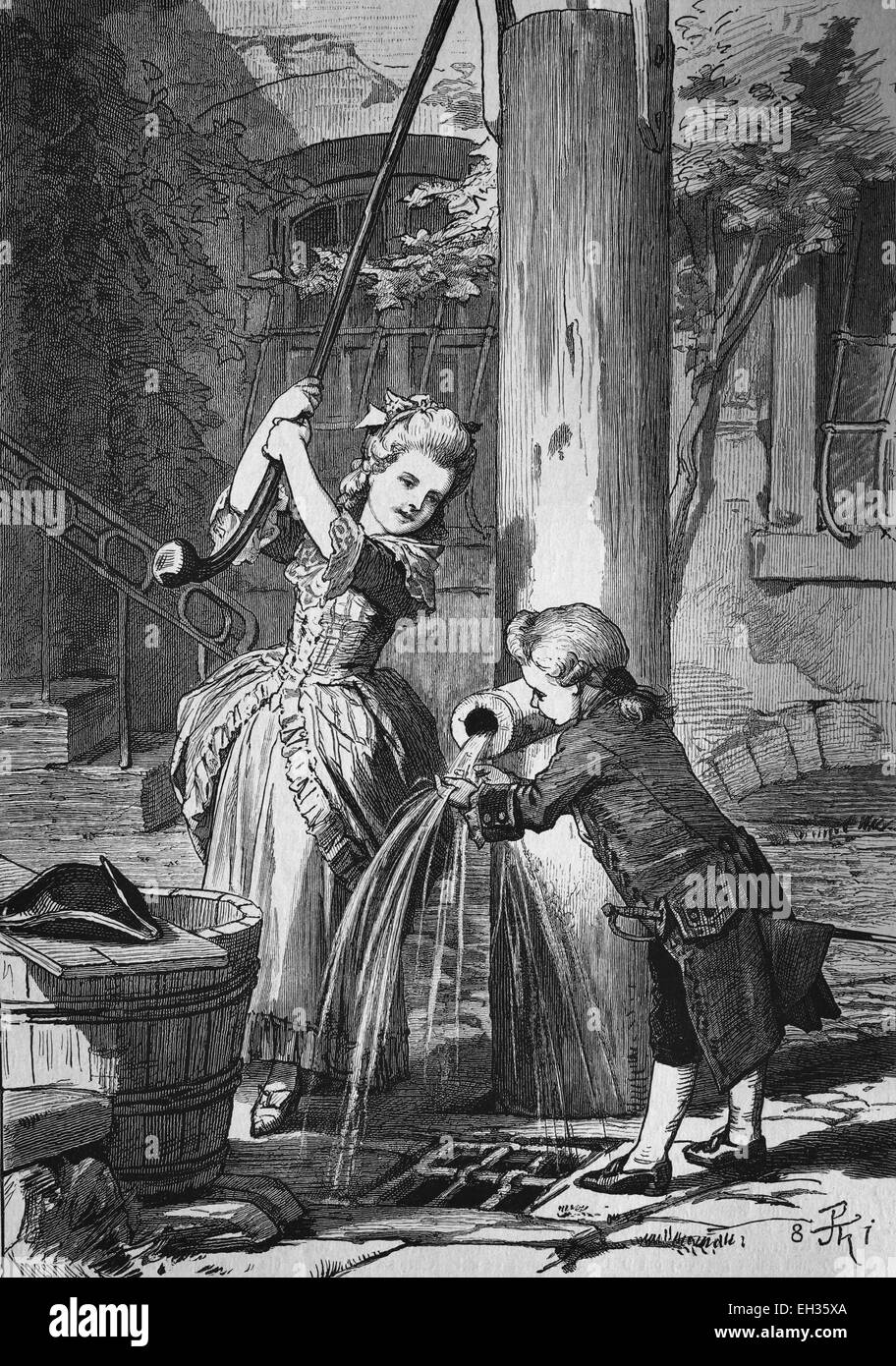 La principessa Louise, 14 anni, e suo fratello, 11 anni, presso la fontana di Frau Goethe a Francoforte, in Germania, la xilografia, storica incisione, 1880, EUROPA Foto Stock