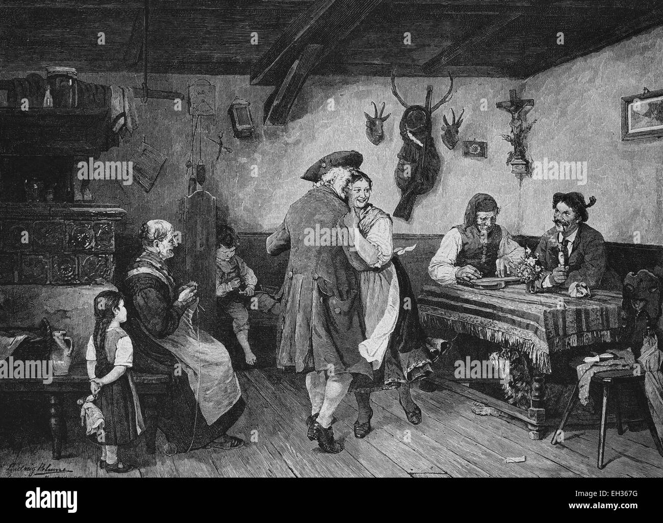 Home concerto di musica da ballo, incisione su legno, 1880 Foto Stock