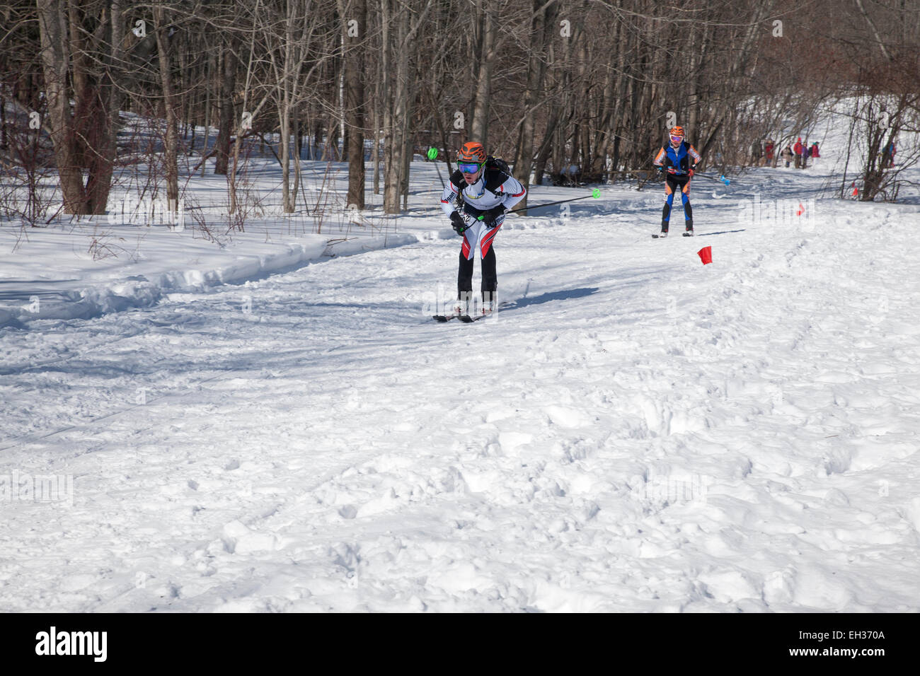 Gli sciatori si avvicinano al giro di boa a Thunderbolt Gara di sci nel marzo 2015 sul monte Greylock, Adams, MA. Foto Stock