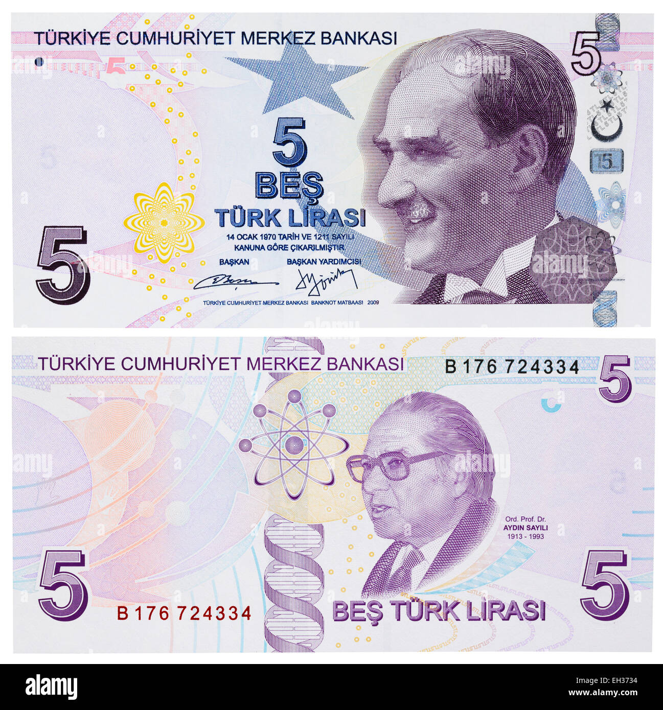 5 lira banconota, Kemal Ataturk, Turchia, 2009 Foto Stock
