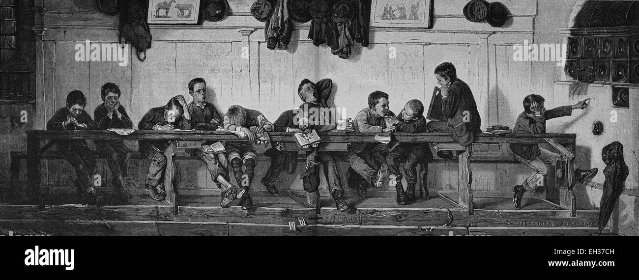 Eselsbank, panca per naughty alunni, xilografia, storica incisione, 1882 Foto Stock