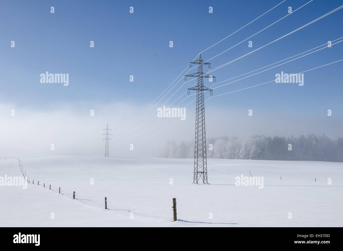 Giornata invernale linea elettrica ad alta tensione coperti con trasformata per forte gradiente frost piccola foresta in background Foto Stock