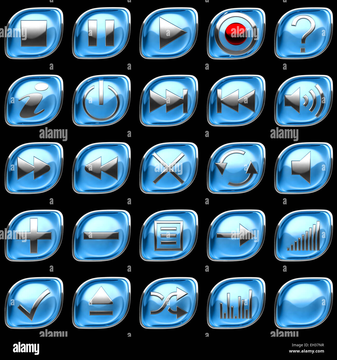 Blue spinto i pulsanti del pannello di controllo o le icone isolato su nero Foto Stock