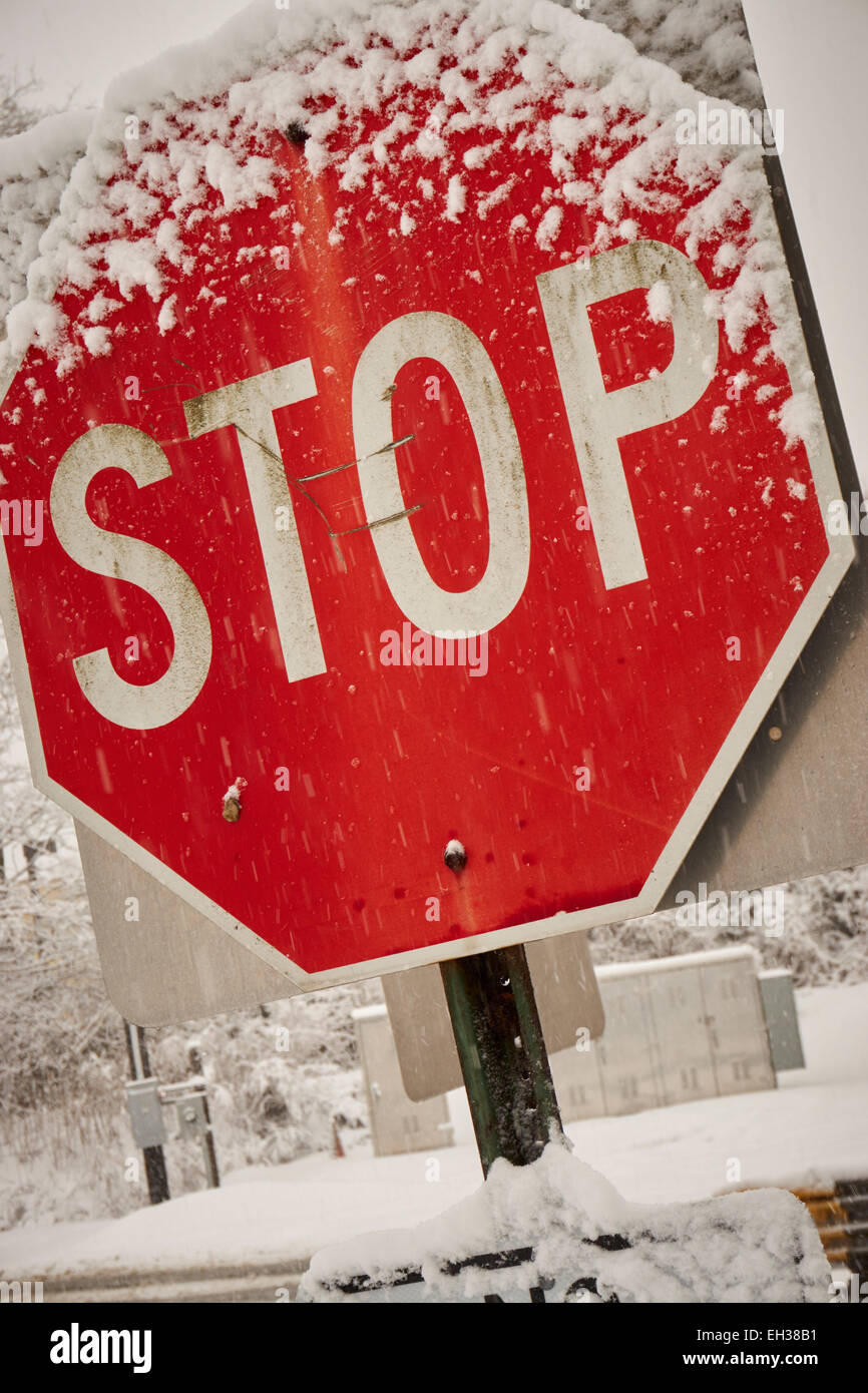 Segno di stop in Snow, Edison, NJ Foto Stock