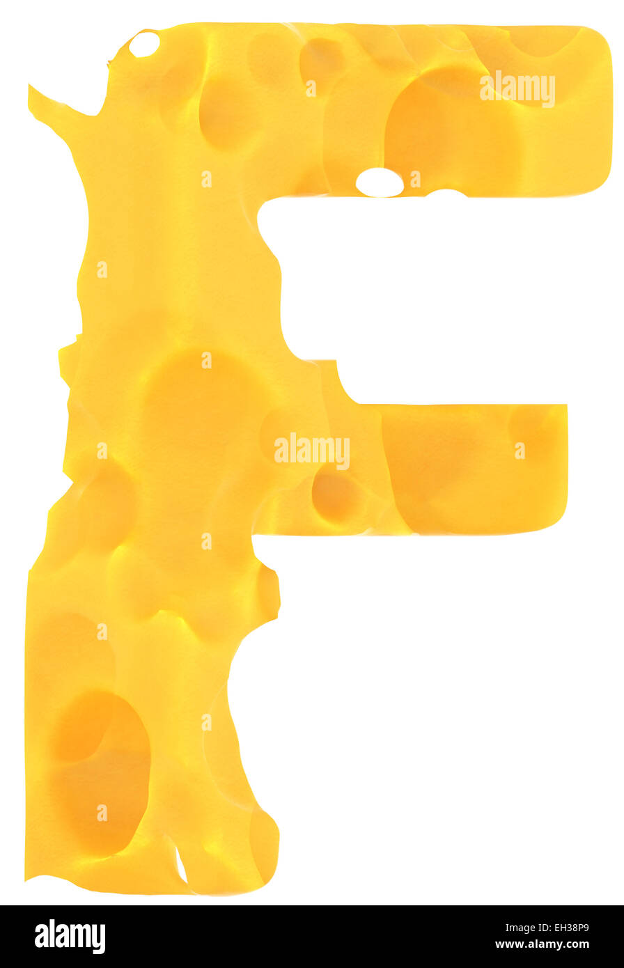 Cheeze font lettera F isolato su sfondo bianco Foto Stock