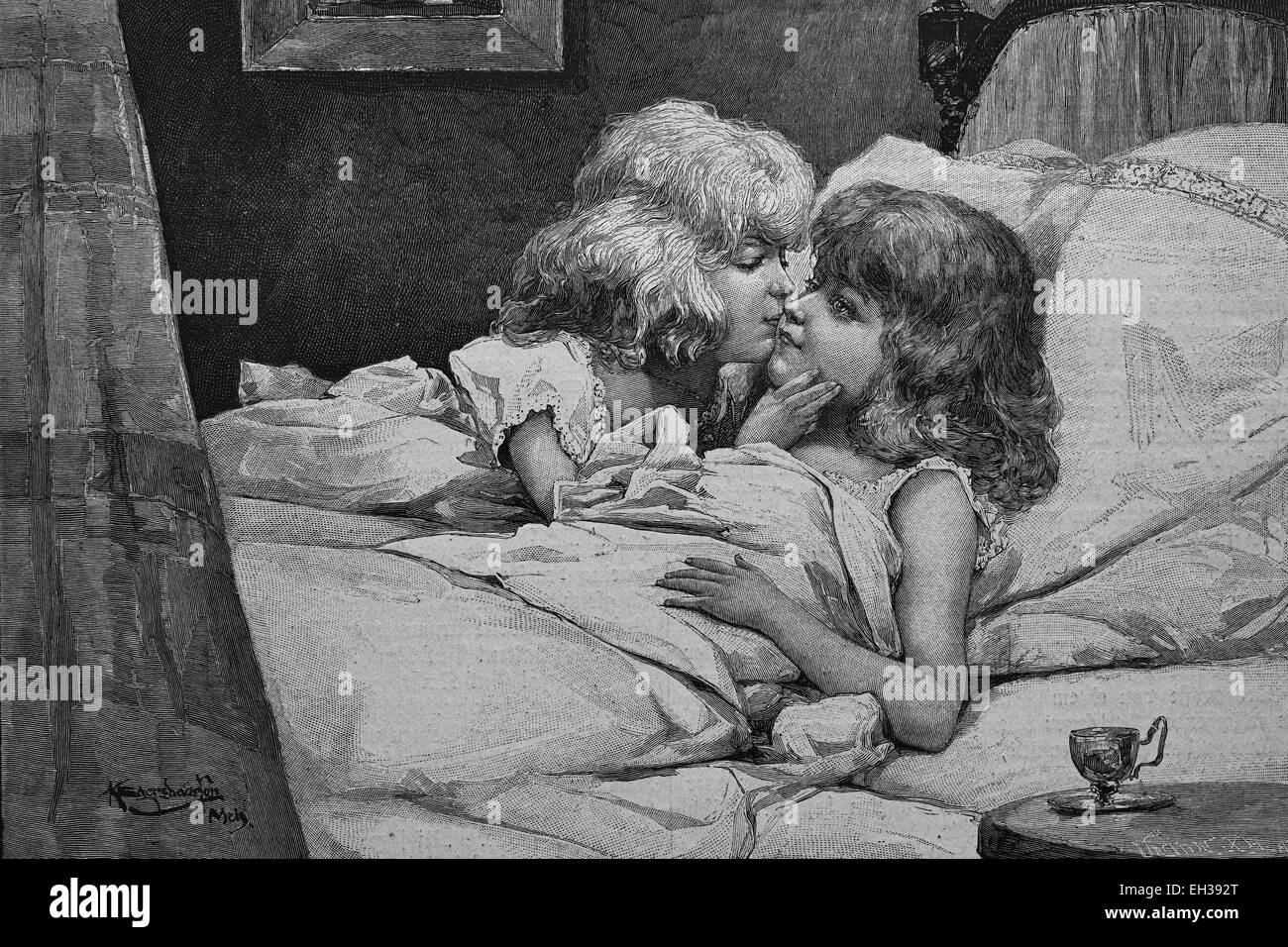Ragazza di ottenere una buona notte bacio da sua sorella, xilografia, 1888, incisione storica Foto Stock