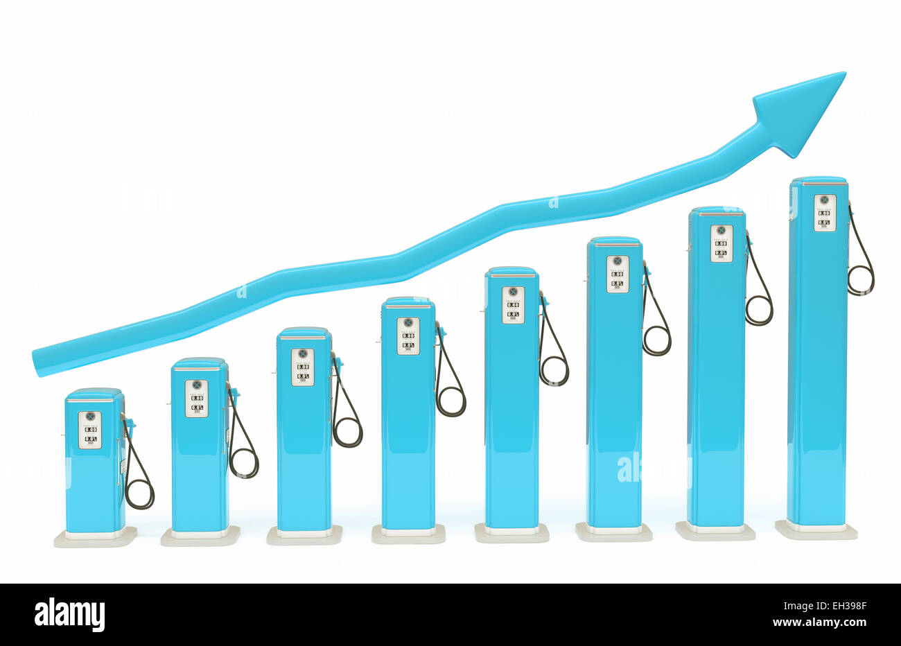 Aumento di costo del carburante: le pompe di benzina mappa con grafico isolato su bianco Foto Stock