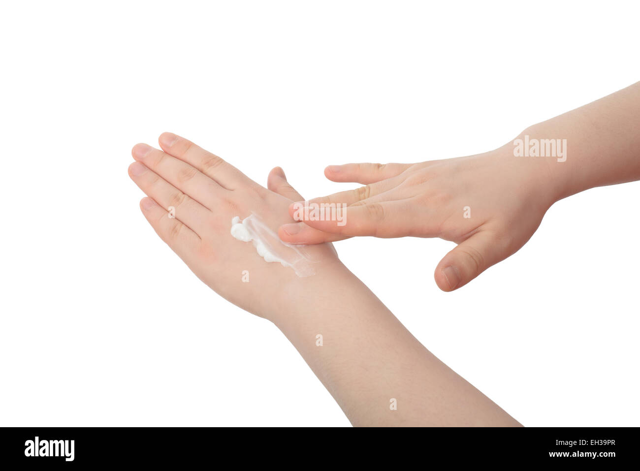 Lozione bianco su un lato, isolato su bianco Foto Stock