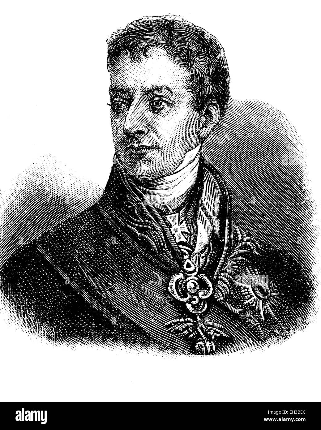 Disegno storico del XIX secolo, ritratto del principe Klemens Wenzel von Metternich, 1773 - 1859, Conte di Kynzvart, duca di Portella, comincia in Austria imperiale Foto Stock