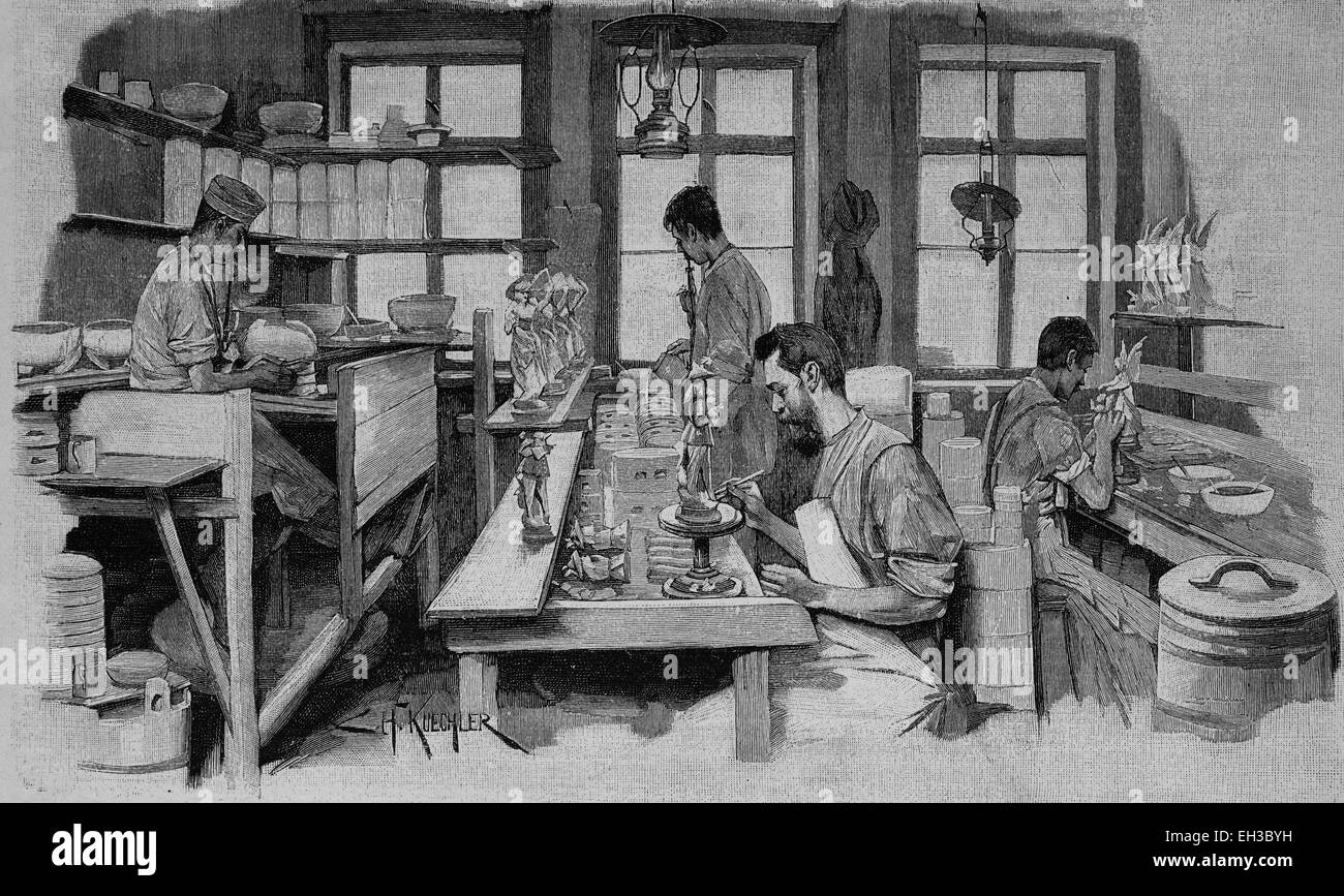 Gli operatori di tornio, rotelle e formatori, fabbricazione di porcellana, incisione su legno, circa 1880 Foto Stock