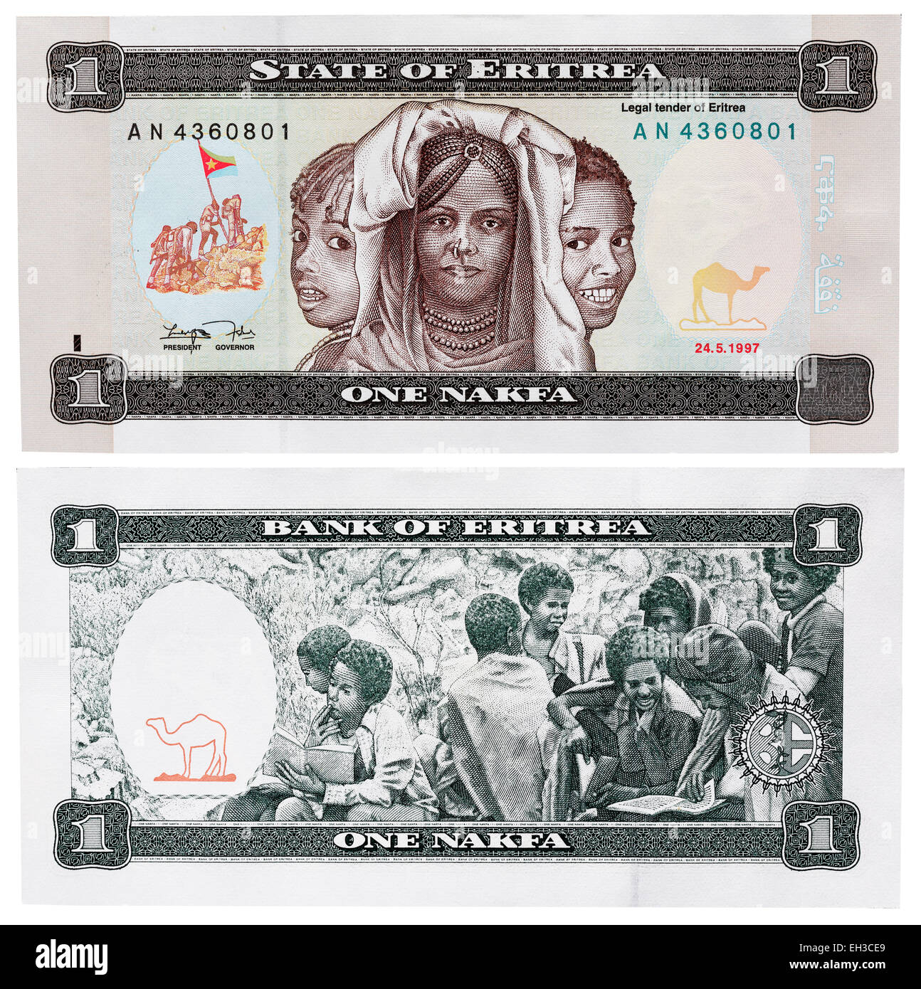 1 nakfa banconota, tre bambine e bambini nella scuola di bush, Eritrea, 1997 Foto Stock