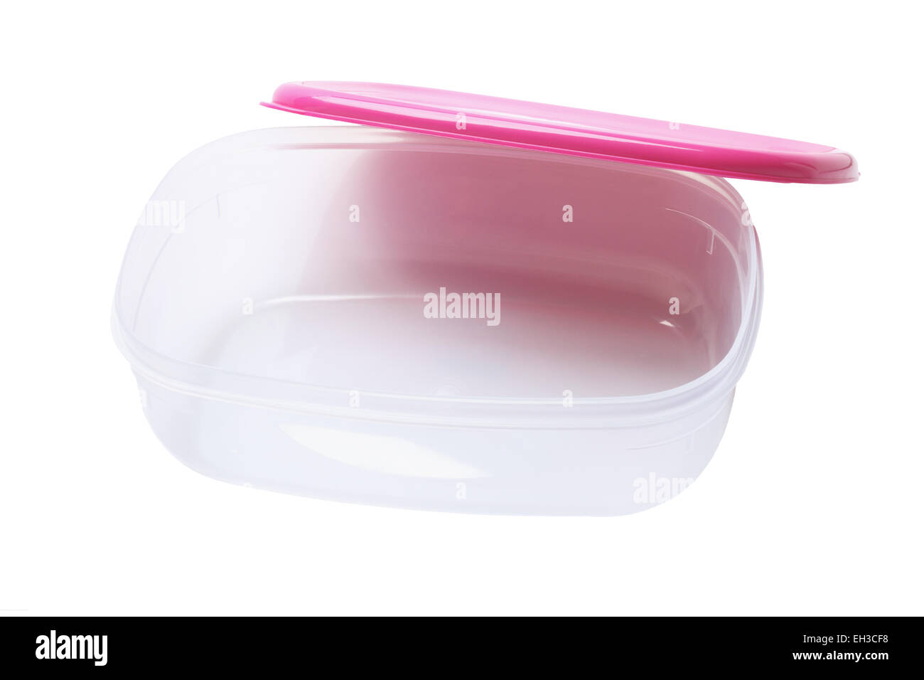 Aprire un contenitore di plastica su sfondo bianco Foto Stock