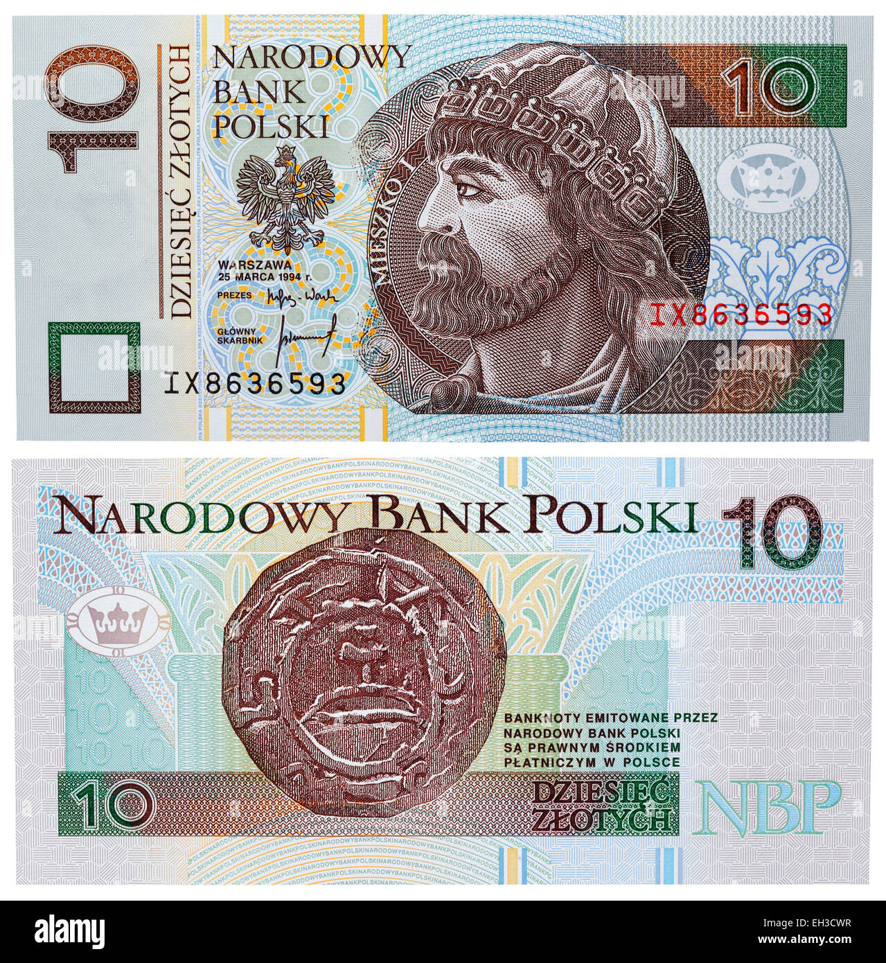 10 Zloti banconota, il principe Mieszko I, Polonia, 1994 Foto Stock