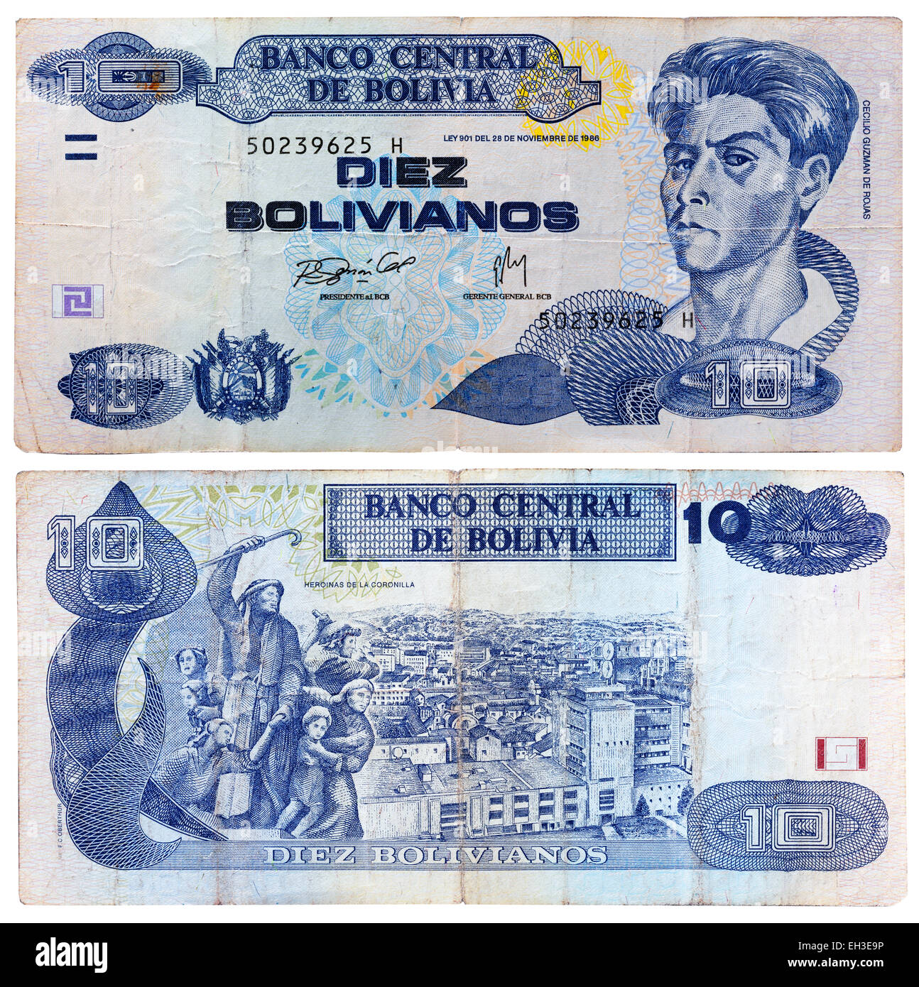 10 bolivianos banconota, Cecilio Guzman de Rojas, Bolivia, 1986 Foto Stock