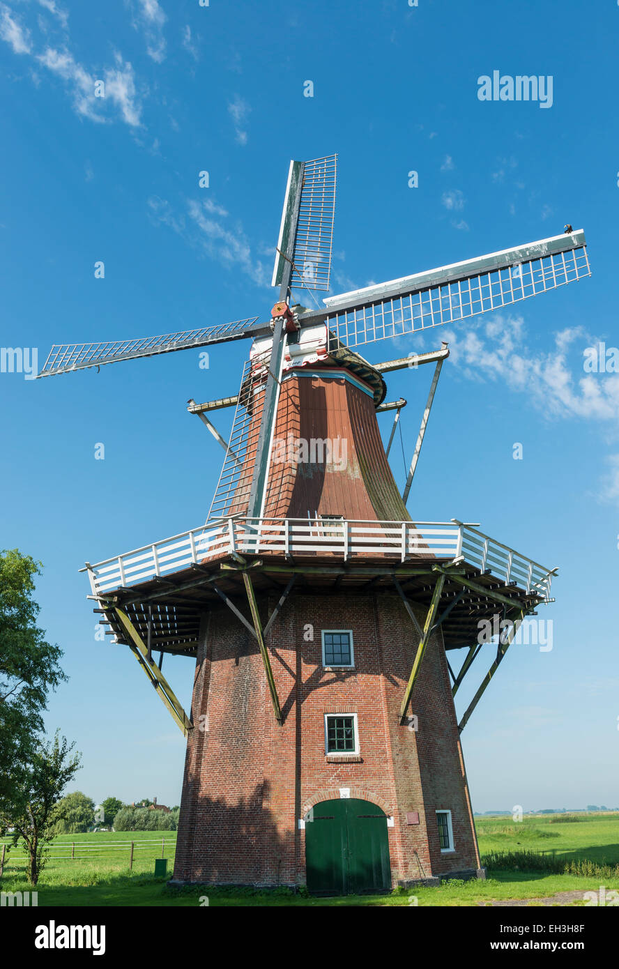 Grande Mulino con cielo blu in Middelstum nella provincia di Groninga. Foto Stock