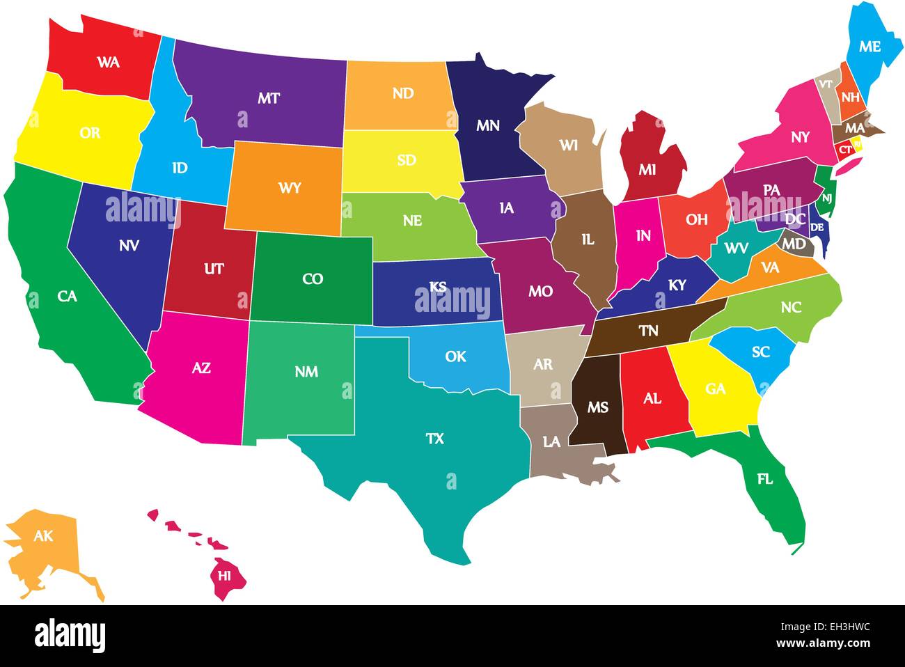 Colore Mappa USA con stati e frontiere. Illustrazione Vettoriale
