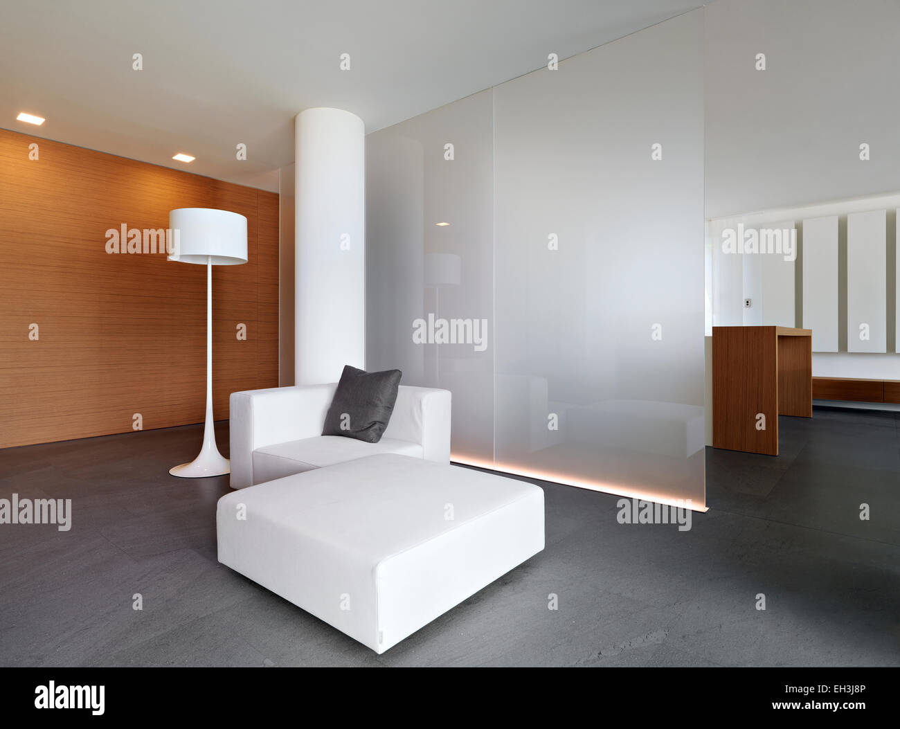 Con un divano in pelle bianca per un soggiorno moderno e pannelli in legno Foto Stock