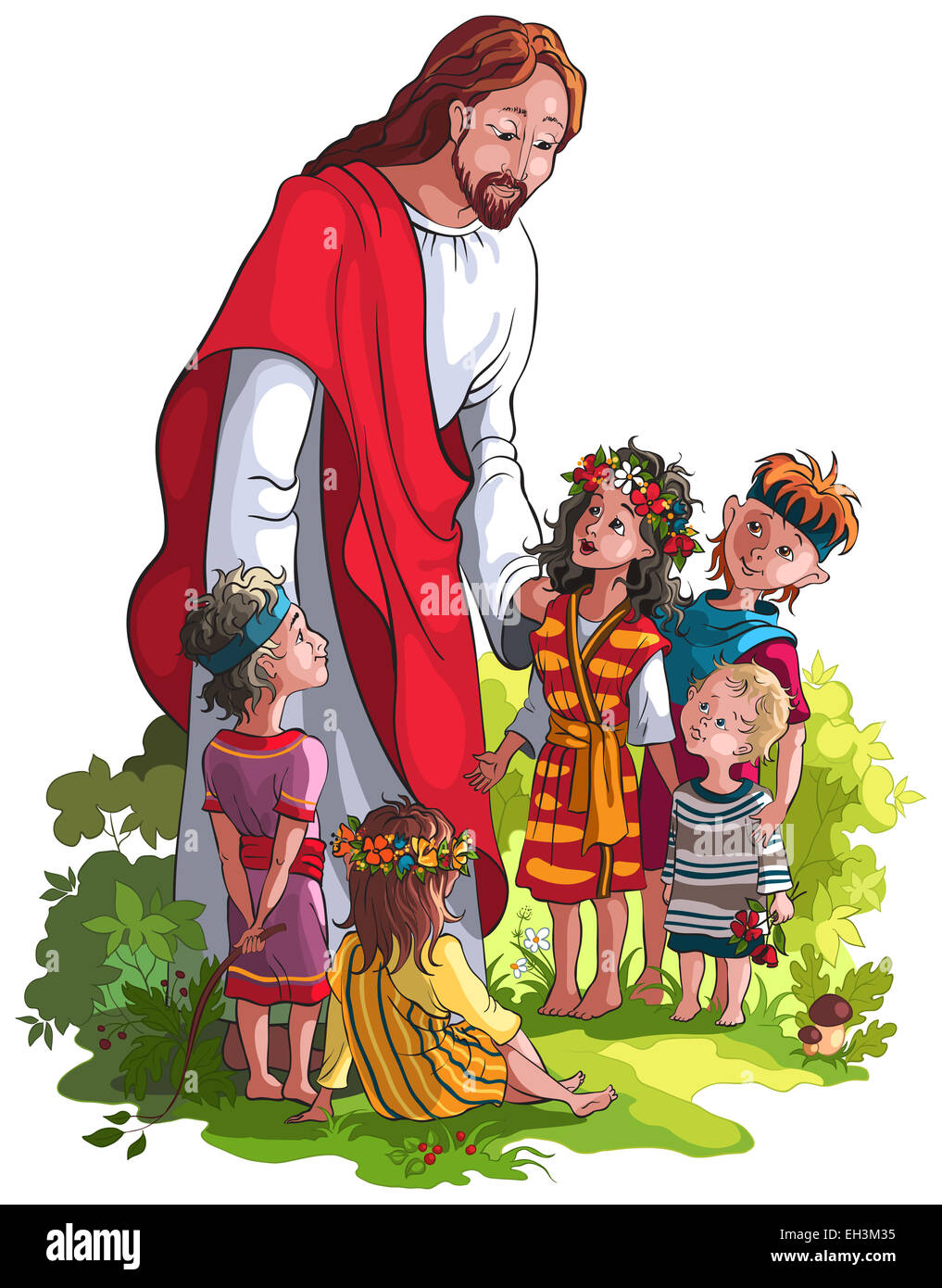 Gesù con bambini. Cartoon cristiana illustrazione colorata di eventi nella vita di Gesù Foto Stock