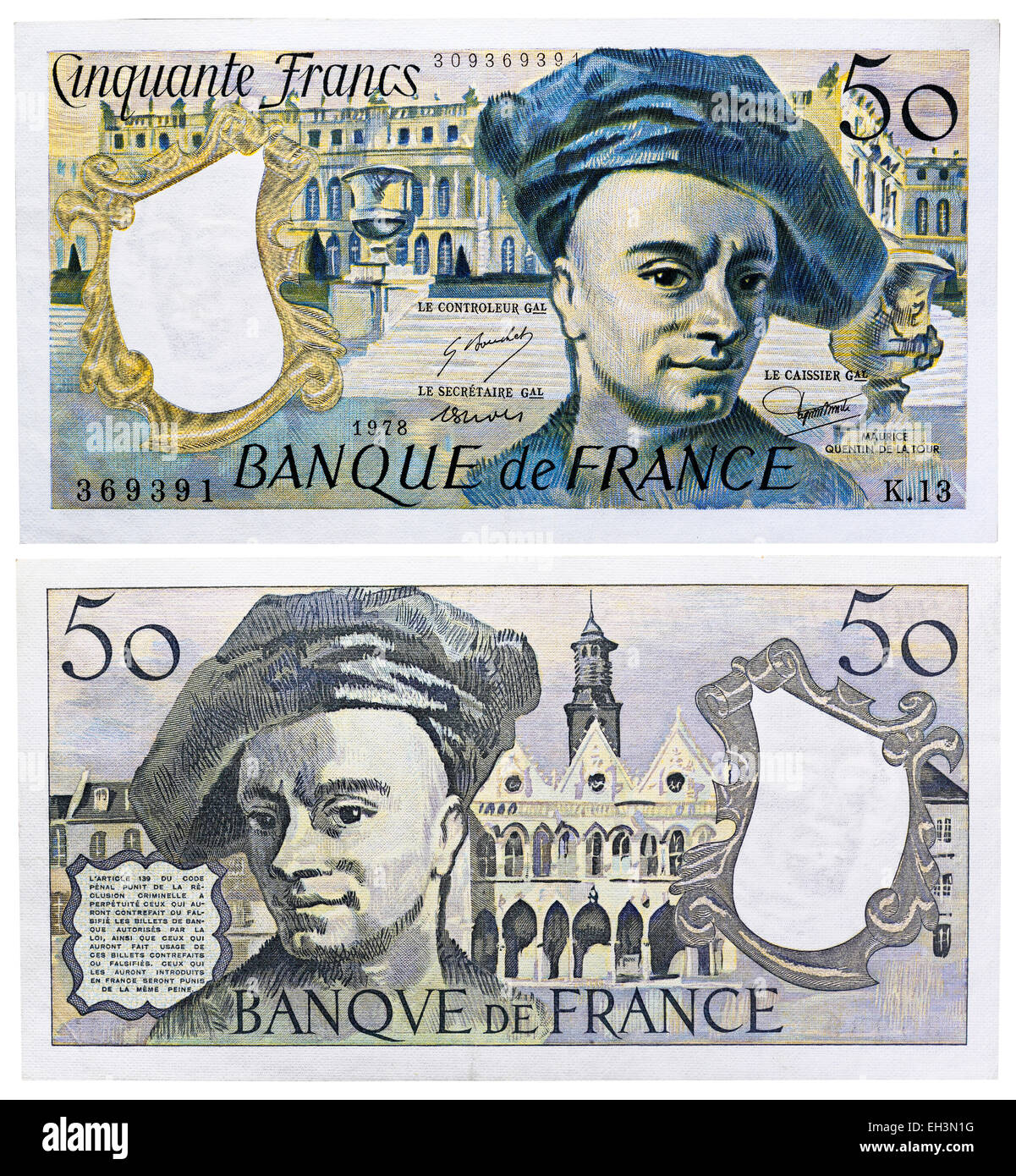 50 franchi banconota, Maurice Quentin de la Tour, Francia, 1978 Foto Stock